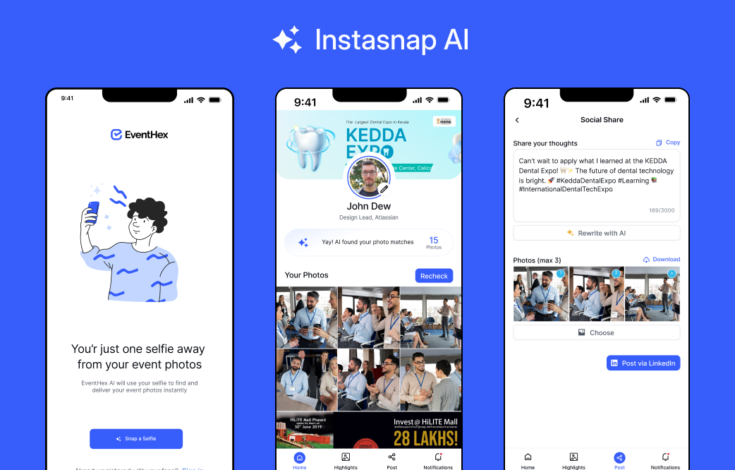 The InstaSnap attendee interface showcases how users snap a selfie to instantly scan the gallery database for matched pictures. This replaces the friction of scrolling through thousands of photos manually with a seamless 3-second matching experience.