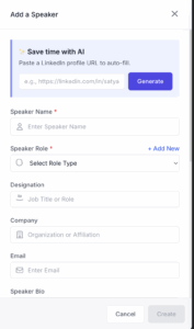 Screenshot of the EventHex admin panel showing speaker management and AI-generated speaker bios.