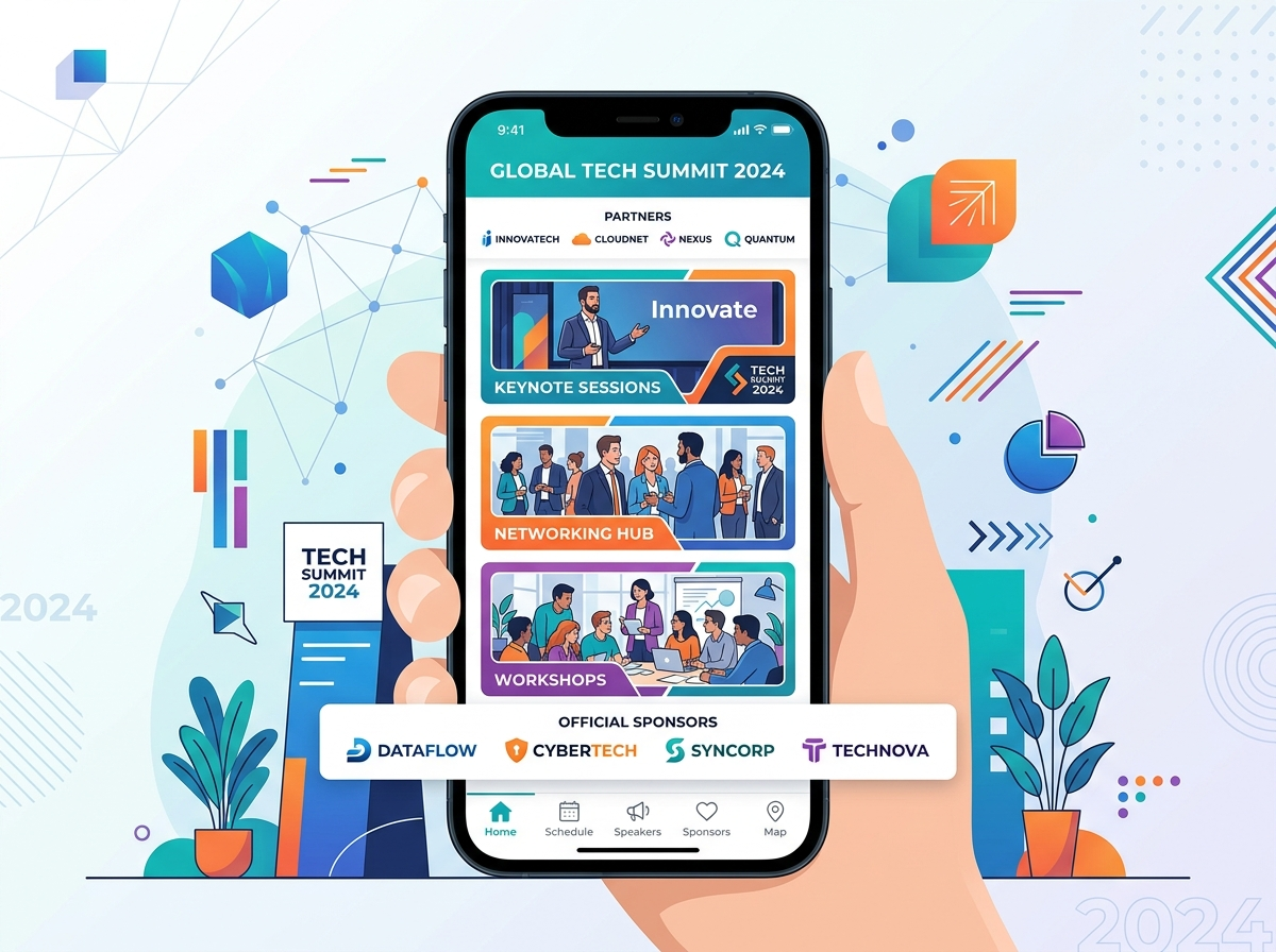 The Future of Event Management: Seamless Integration of key sessions, networking hubs, and sponsor branding in the modern mobile event interface.