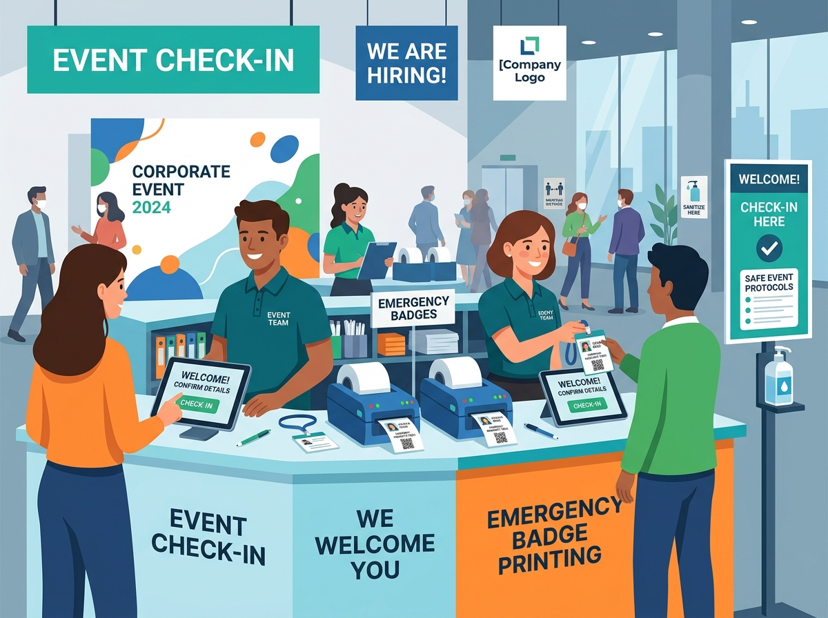 A professional and clean flat vector illustration showing a modern event check-in registration desk setup. The image displays digital tablets for secure credential verification, an advanced badge printer, and dedicated on-site organizers managing traffic flow efficiently to maintain security.