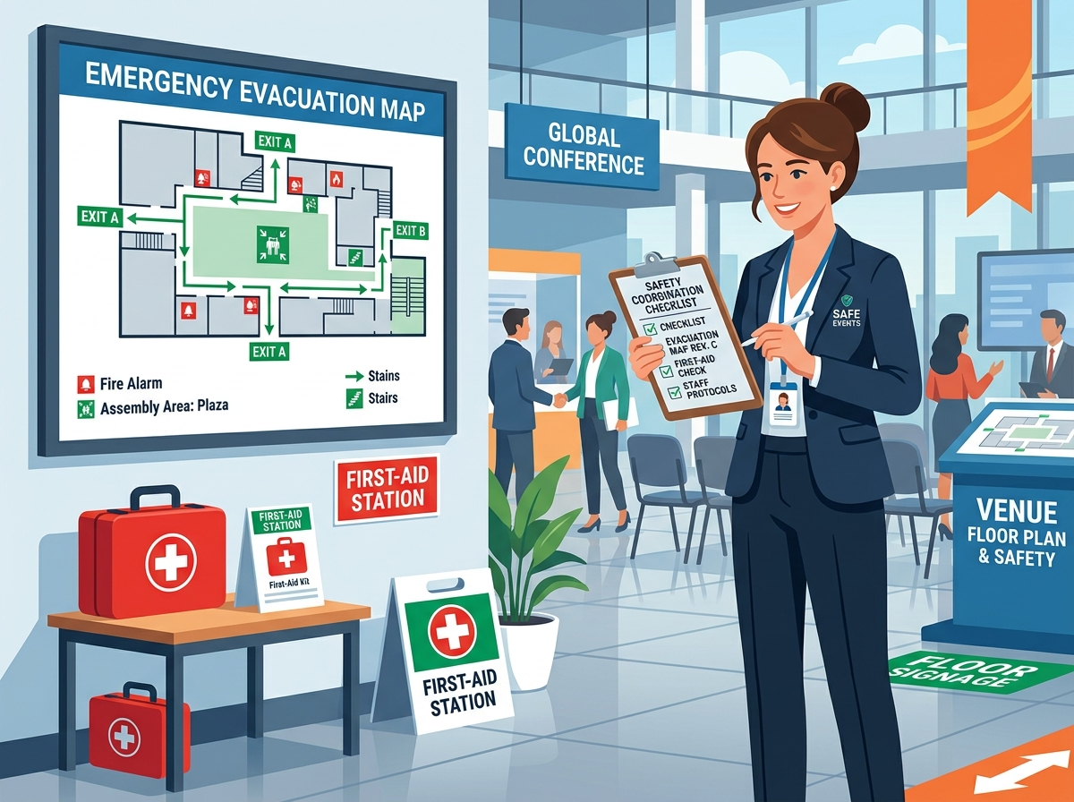 A modern, corporate flat vector illustration depicting an event safety coordinator reviewing an emergency protocol checklist. It illustrates safety planning with a venue evacuation map, professional communication radios, and a first-aid preparedness station.