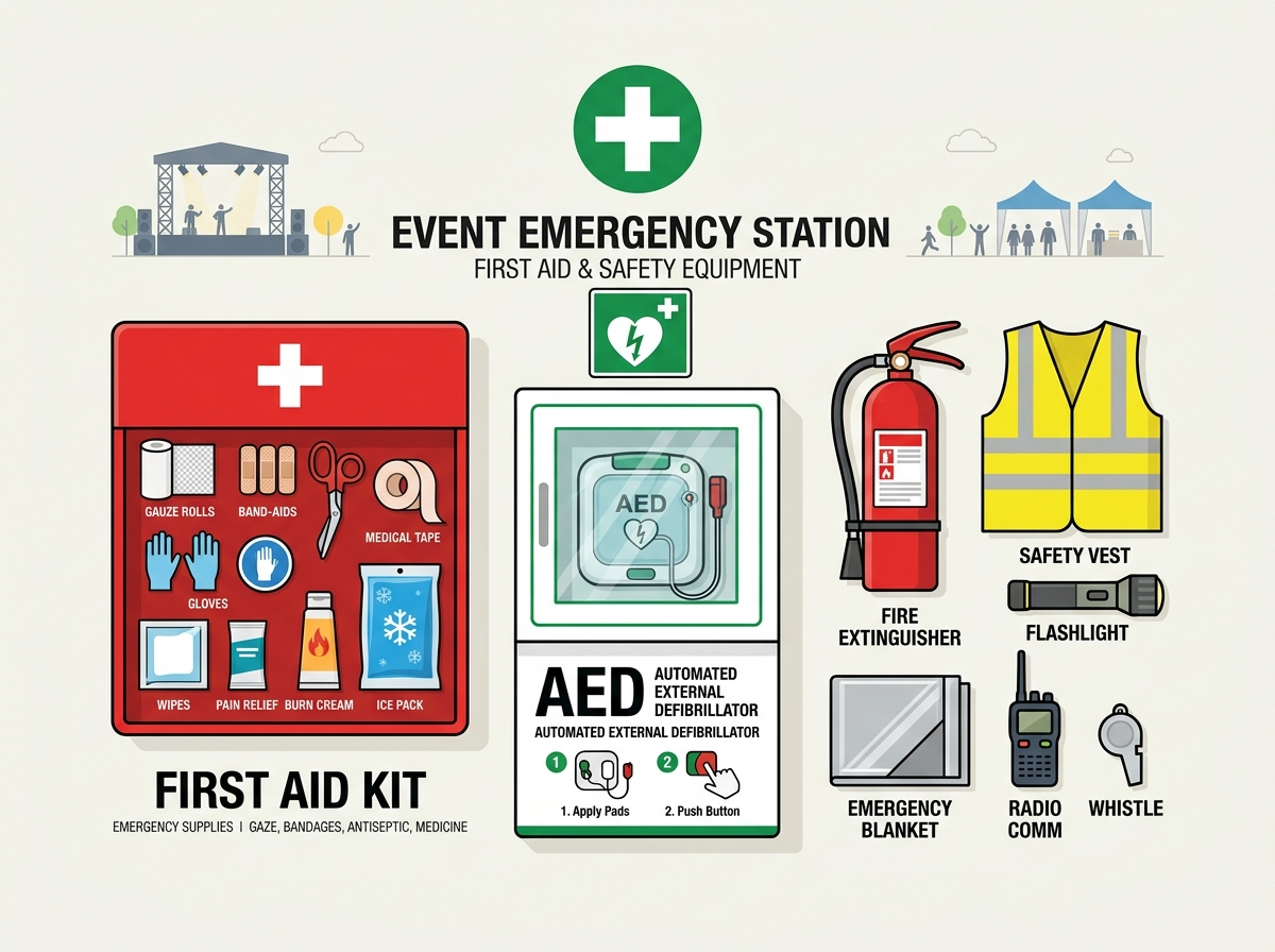 An official, high-quality flat vector illustration demonstrating emergency medical equipment including a fully stocked first aid kit and an automated external defibrillator (AED) on-site. This visual guide serves as an operational reference for checking essential medical gear on the event safety checklist.