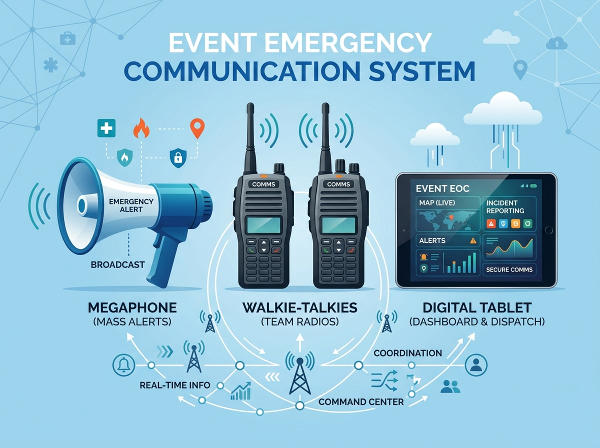 A detailed flat vector illustration showing high-quality professional walkie-talkies and emergency digital tablet communication equipment. This graphic illustrates the critical infrastructure required to maintain redundant, multi-channel communications across distributed on-site event safety teams.