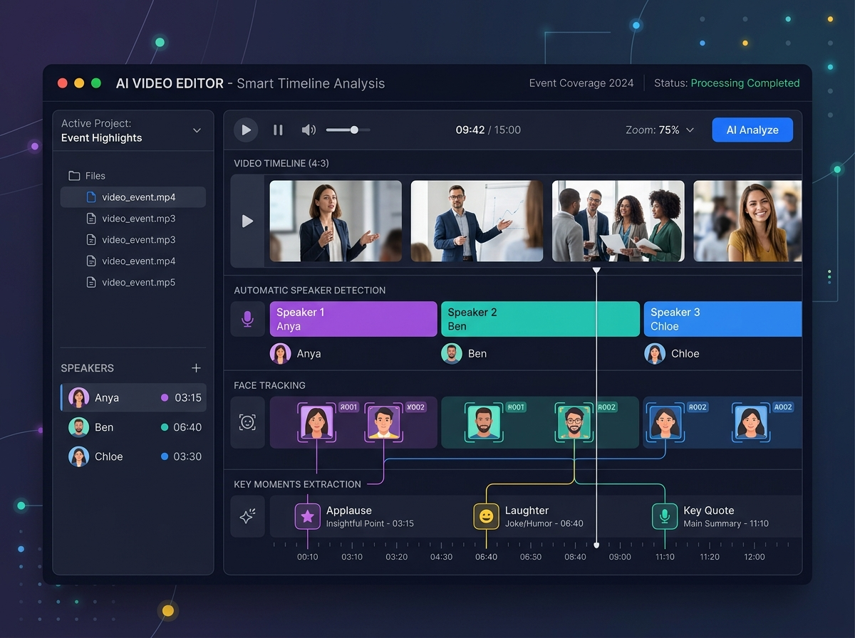 An illustrative flat vector graphic showcasing an AI-powered video editing and processing dashboard. The interface visualizes automated video timeline slicing, speaker face-detection tracking, and audio waveform analysis optimizing clips for event highlights.