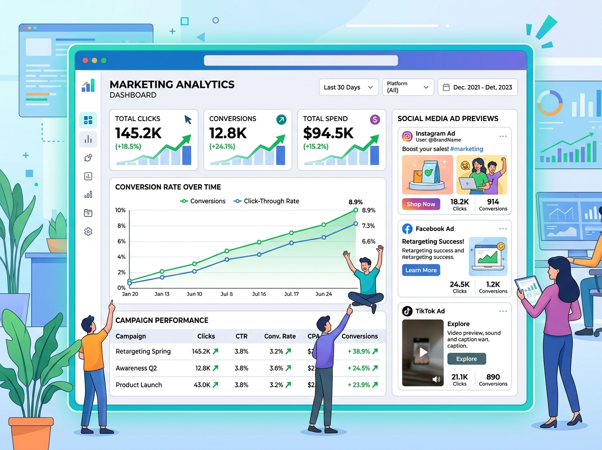 A comprehensive digital marketing and retargeting analytics dashboard visualization. This flat vector illustration highlights rising conversion graphs, click-through rates, and targeted social media ad preview segments derived from short event highlights videos.