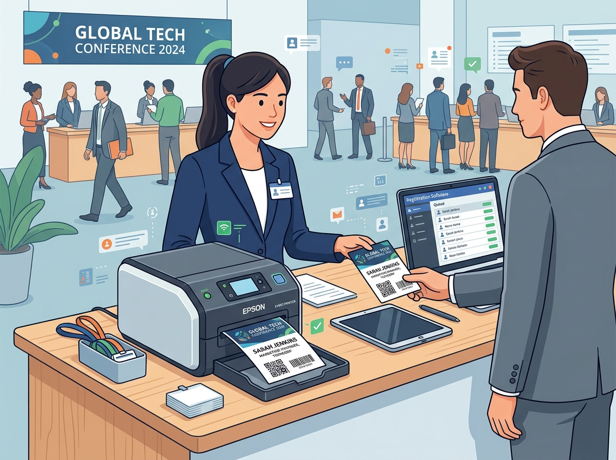 Thermal on-demand printing setup at venue registration desks, enabling under 5-second credential delivery per attendee check-in.