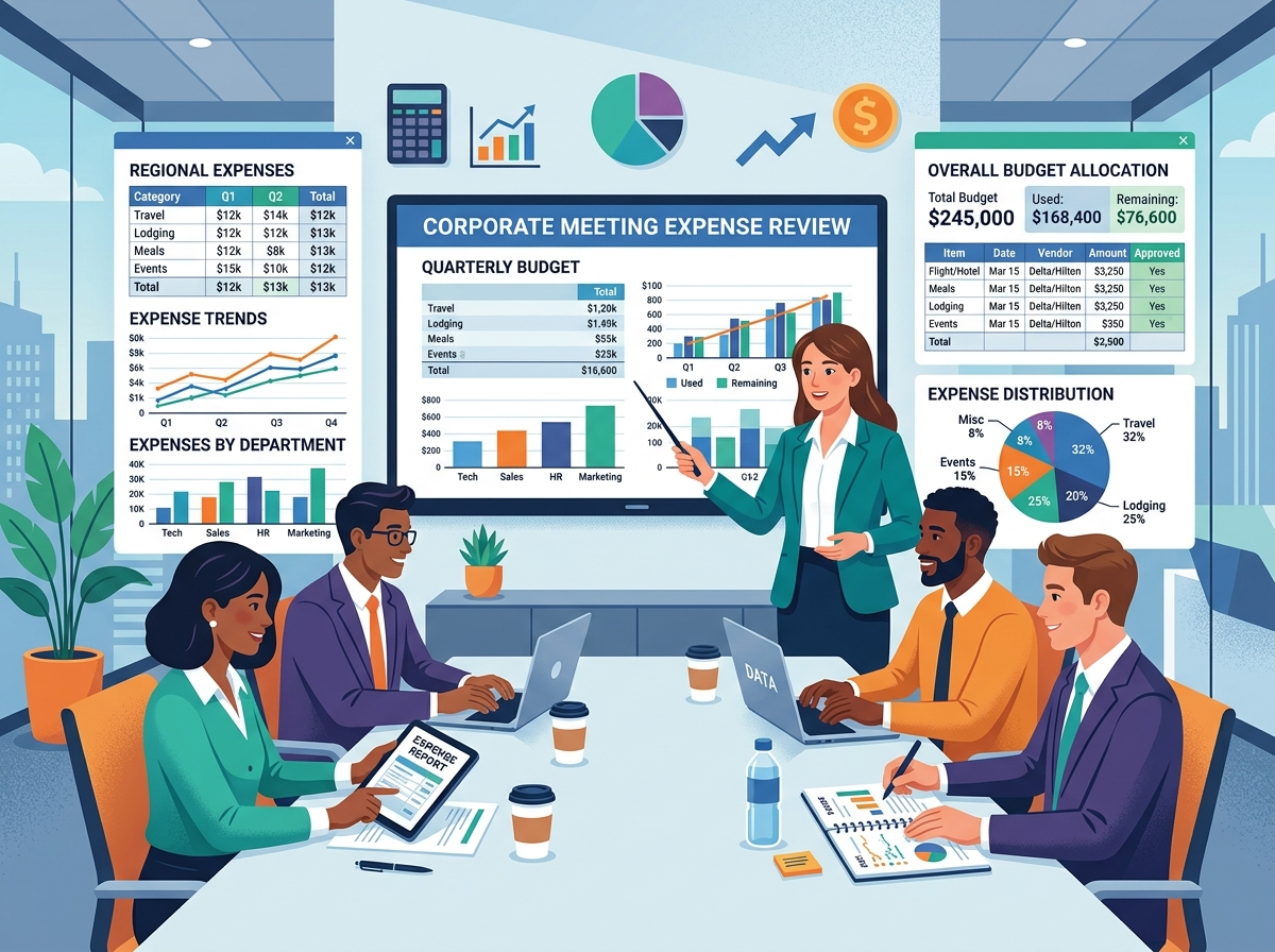 A modern flat vector illustration showcasing corporate event budgeting tools, including interactive financial spreadsheets, dynamic bar charts, and cost calculation graphs. This visual highlights the critical step of tracking expense lines and organizing budgets efficiently to avoid unexpected corporate overruns.