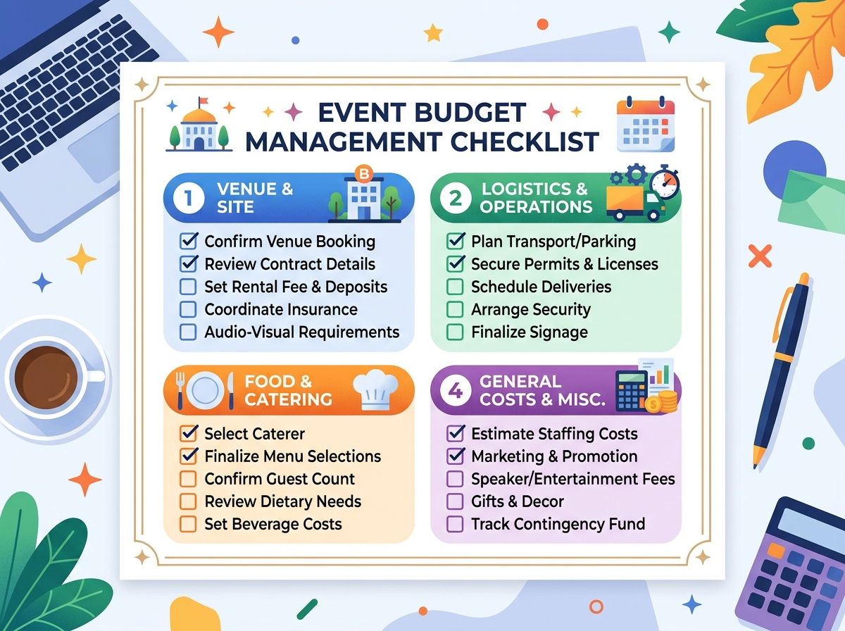 A clean, modern flat vector illustration depicting a comprehensive corporate event planning checklist. It features stylized icons for venue selection, logistics scheduling, catering options, and budget audits, providing a visually engaging summary of key organizational tasks.