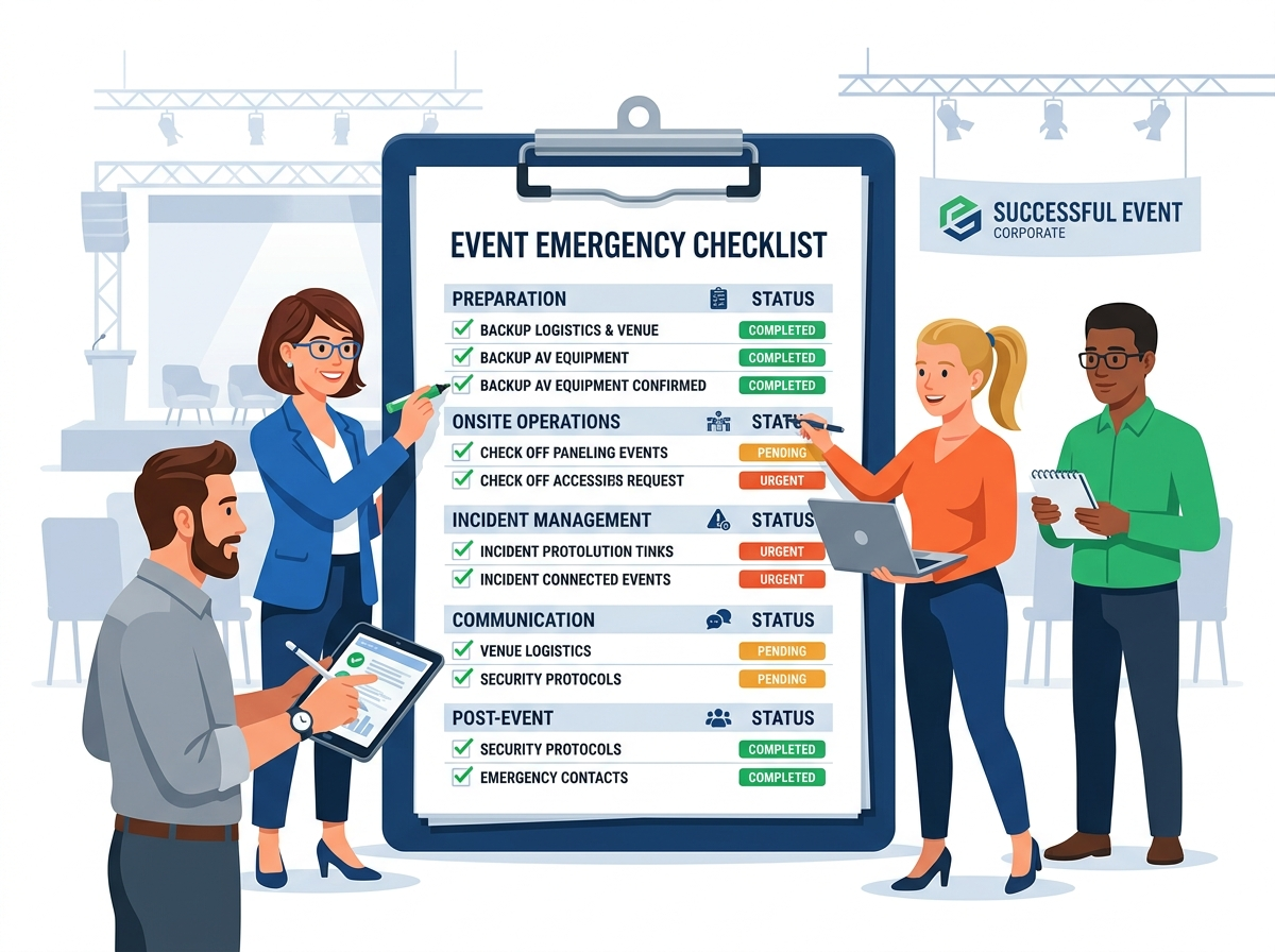 A professional and modern flat vector illustration showing an event planning team checking off vital safety tasks on a large clipboard. This image visually highlights the coordination and structured methodology required to execute a perfect on-site event emergency checklist.
