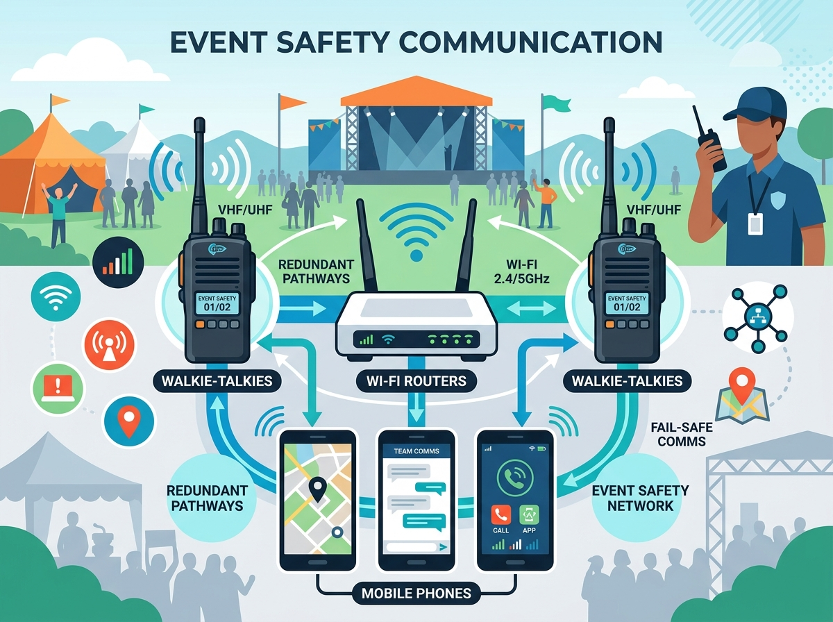 A clean modern vector graphic illustrating multiple connected communication devices including walkie-talkies, Wi-Fi routers, and smartphones. This represents the critical need for redundant, multi-channel communication channels to maintain absolute control and safety during live event emergencies.