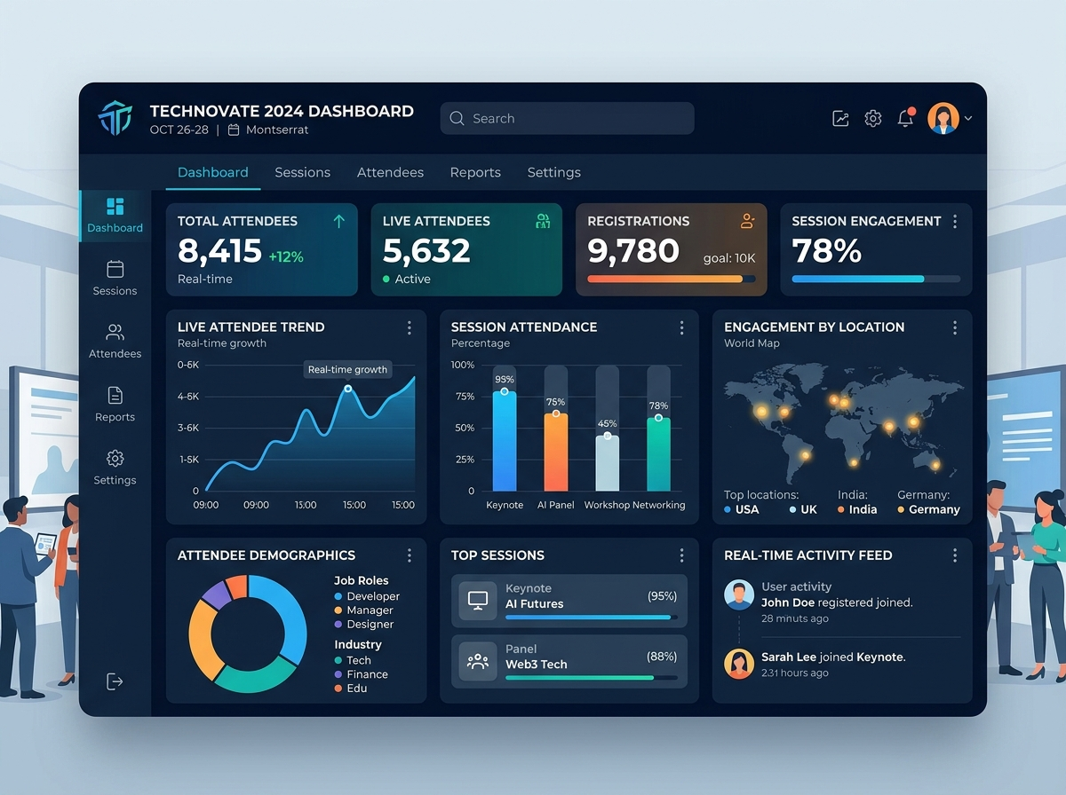 A sleek event dashboard displaying real-time registration stats, attendee tracking, and live analytics charts. This centralized view allows organizers to monitor conversion pipelines and registration metrics as they update live.