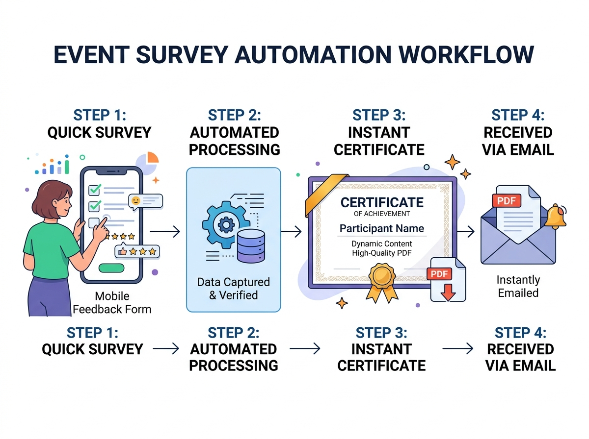 A conceptual flow diagram demonstrating how an automated post-event survey loop is closed instantly. Attendees are prompted to complete a brief mobile survey at the end of a session or conference, which instantly triggers the automated certificate generator for events to design and deliver high-resolution PDF credentials directly to their inboxes.