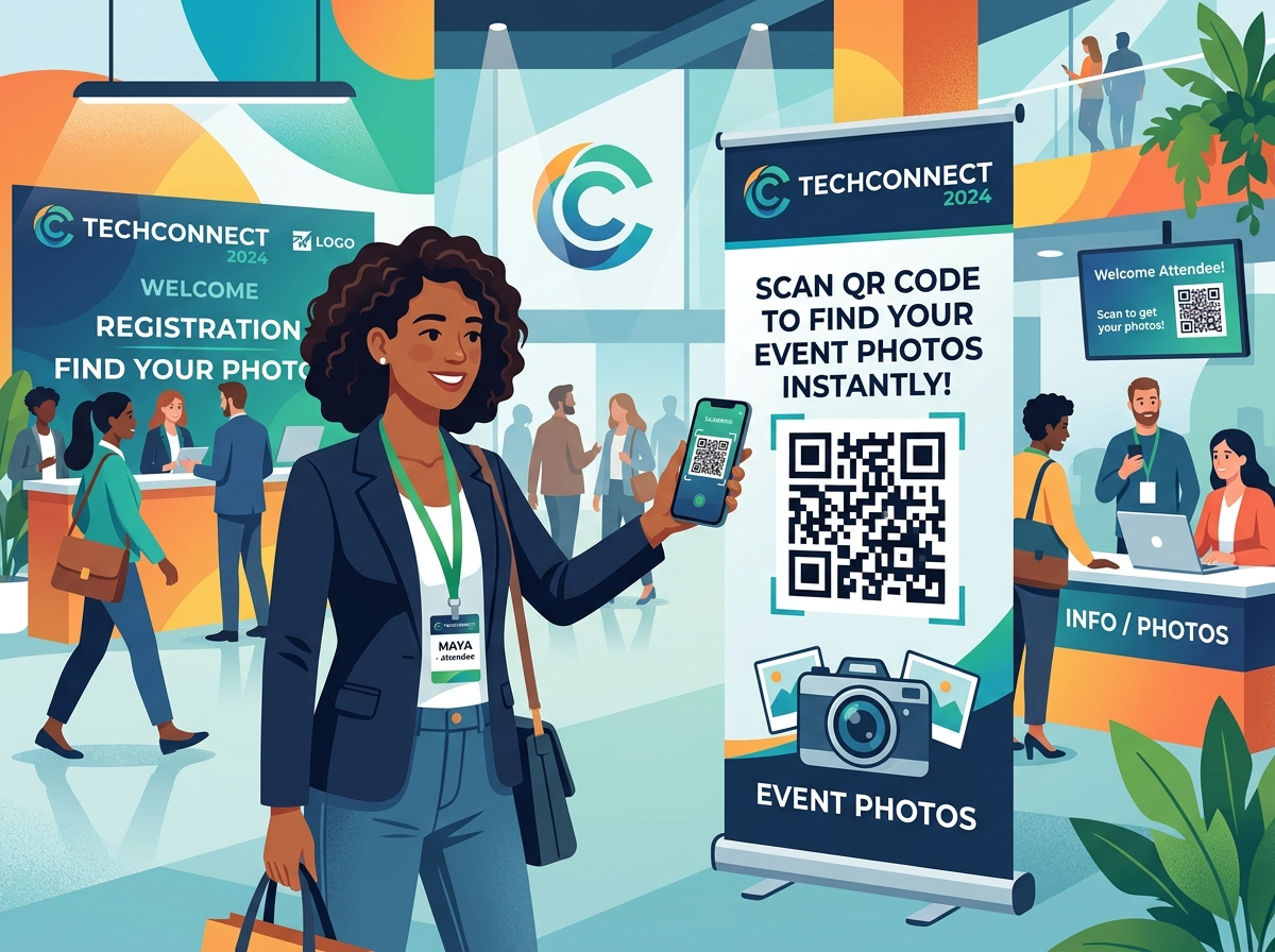 A conference attendee scans a QR code with their mobile phone on-site, immediately uploading a selfie to retrieve their professional photos. This instant delivery model drives exceptionally high post-event social sharing and attendee satisfaction.