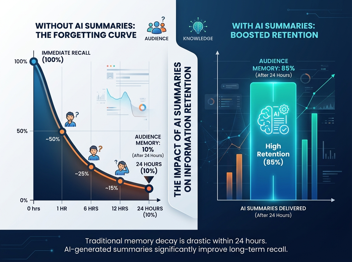 A detailed layout depicting the traditional post-conference memory drop. The graphic illustrates Ebbinghaus's Forgetting Curve where attendees lose up to 90% of key session insights within days, leaving only fragmented memories without proper automated summaries.