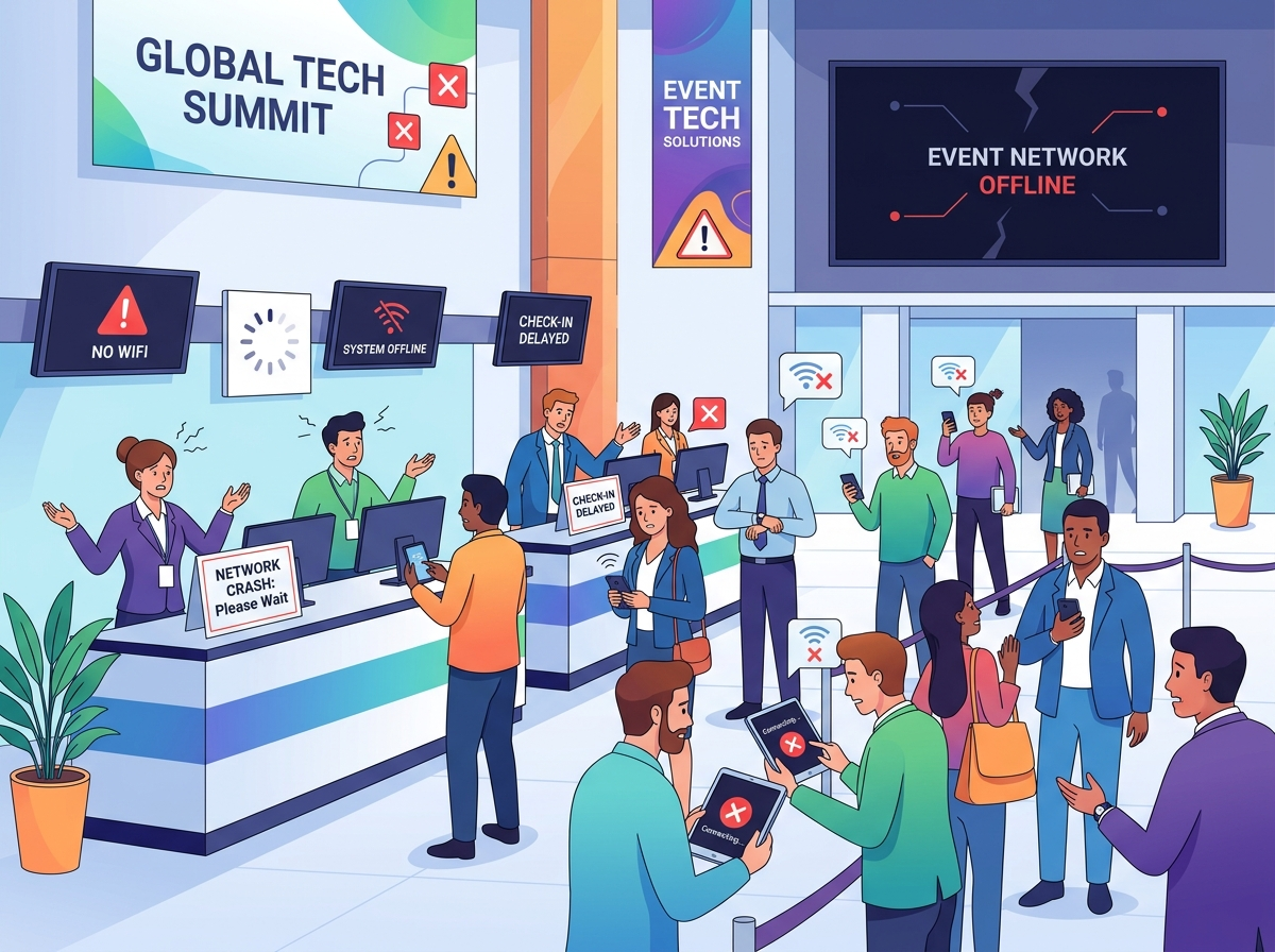 A frustrated crowd of attendees stuck in long, sluggish queues at a convention center's check-in counters. A sudden drop in venue Wi-Fi connectivity has frozen the registration laptops, halting operations completely while the line builds back out into the lobby.