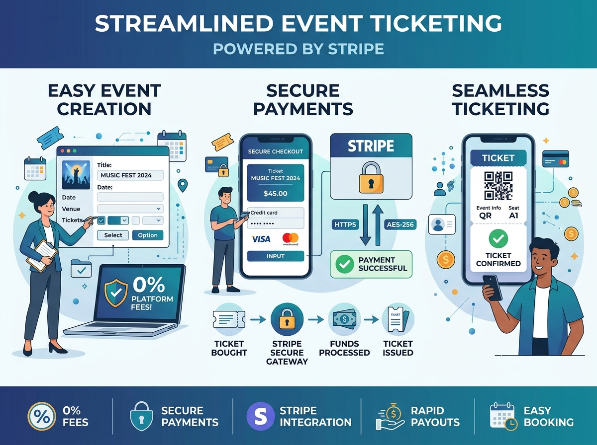 A sleek corporate illustration displaying secure digital payment checkout. It represents how organizers can link their Stripe accounts directly to complete secure card transactions without any technical hassle.