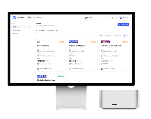 An interactive exhibition floor plan and visual booth allocation manager on a Mac Studio screen. The tool allows event organizers to visually manage space allocation and lets exhibitors view their exact booth number and venue location instantly.