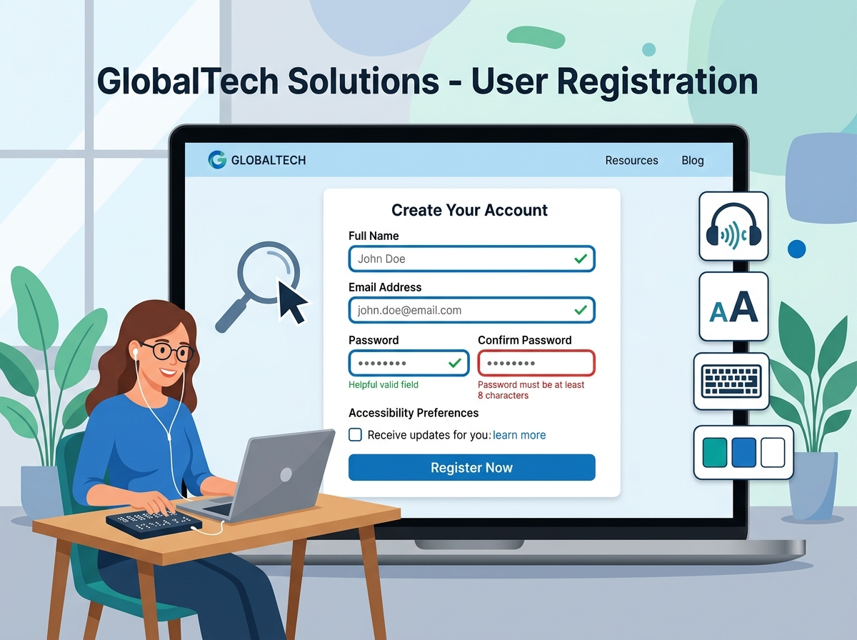 A clean, modern flat vector illustration showcasing an accessible event registration interface optimized for screen readers and digital inclusion. The layout emphasizes high-contrast design, clean spacing, and keyboard-friendly navigation components to ensure compliance with WCAG 2.2 guidelines.