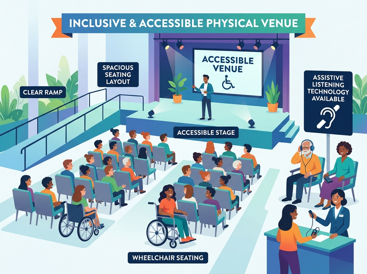 A detailed flat vector representation of an inclusive event space exhibiting professional physical accommodations. The venue layout features clear wide pathways, low-profile safety ramps, visible assistive listening technology signs, and strategically organized seating options to smoothly accommodate diverse accessibility needs.