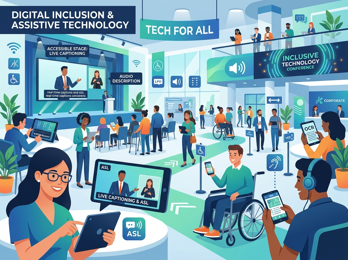 An illustrative vector graphic representing digital inclusion in modern event technology. It showcases various accessible digital interfaces and assistive communication tools designed to make online registration and event content fully reachable for everyone.