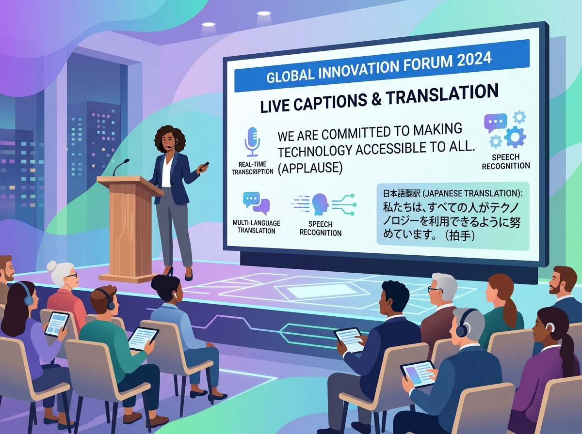 A clean, modern vector illustration showcasing real-time captioning (CART) and live translation at a corporate event. It highlights how assistive visual displays help Deaf and hard-of-hearing attendees follow spoken presentations seamlessly.