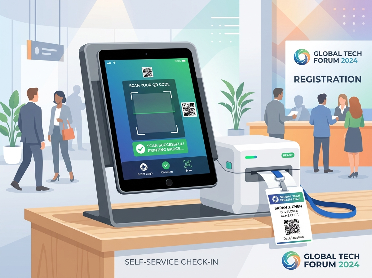 A sleek, clean modern self-service event check-in kiosk equipped with an iPad and a high-speed badge printer. Attendees can scan their personalized QR codes to automatically print their name badge on-demand in under five seconds.
