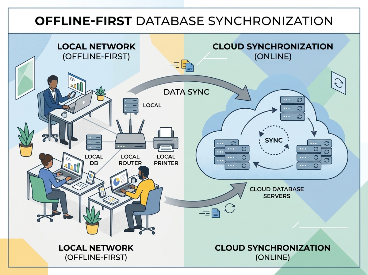 A conceptual diagram showing an offline-first event technology architecture. Multiple local devices, check-in kiosks, and high-speed printers are seamlessly interconnected via a local router to sync check-in records both locally and back to the cloud.