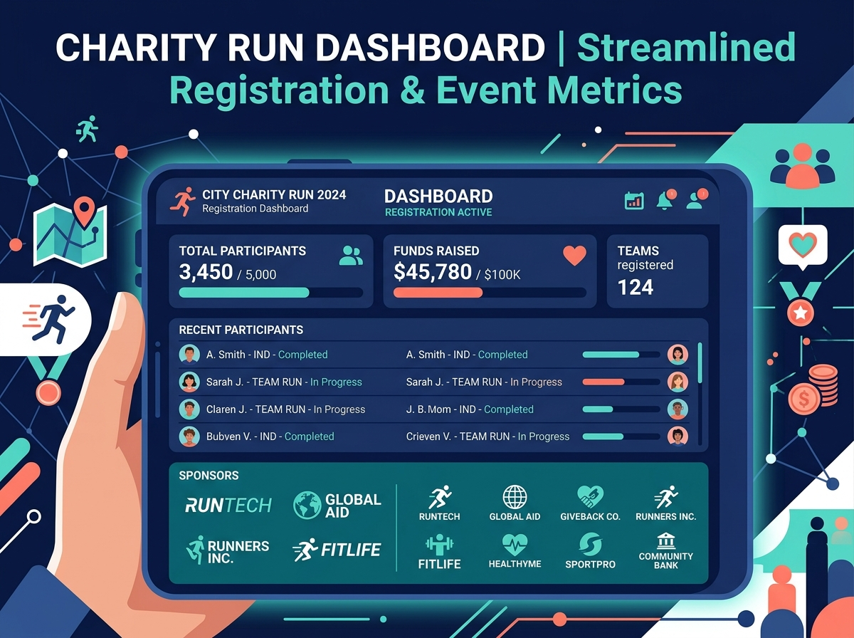 A beautiful flat vector illustration displaying a modern mobile registration dashboard with active charity run metrics, participant tracking, and custom sponsor logo displays. This represents how modern event platforms allow organizers to track and present real-time audience insights and sponsor ROI.