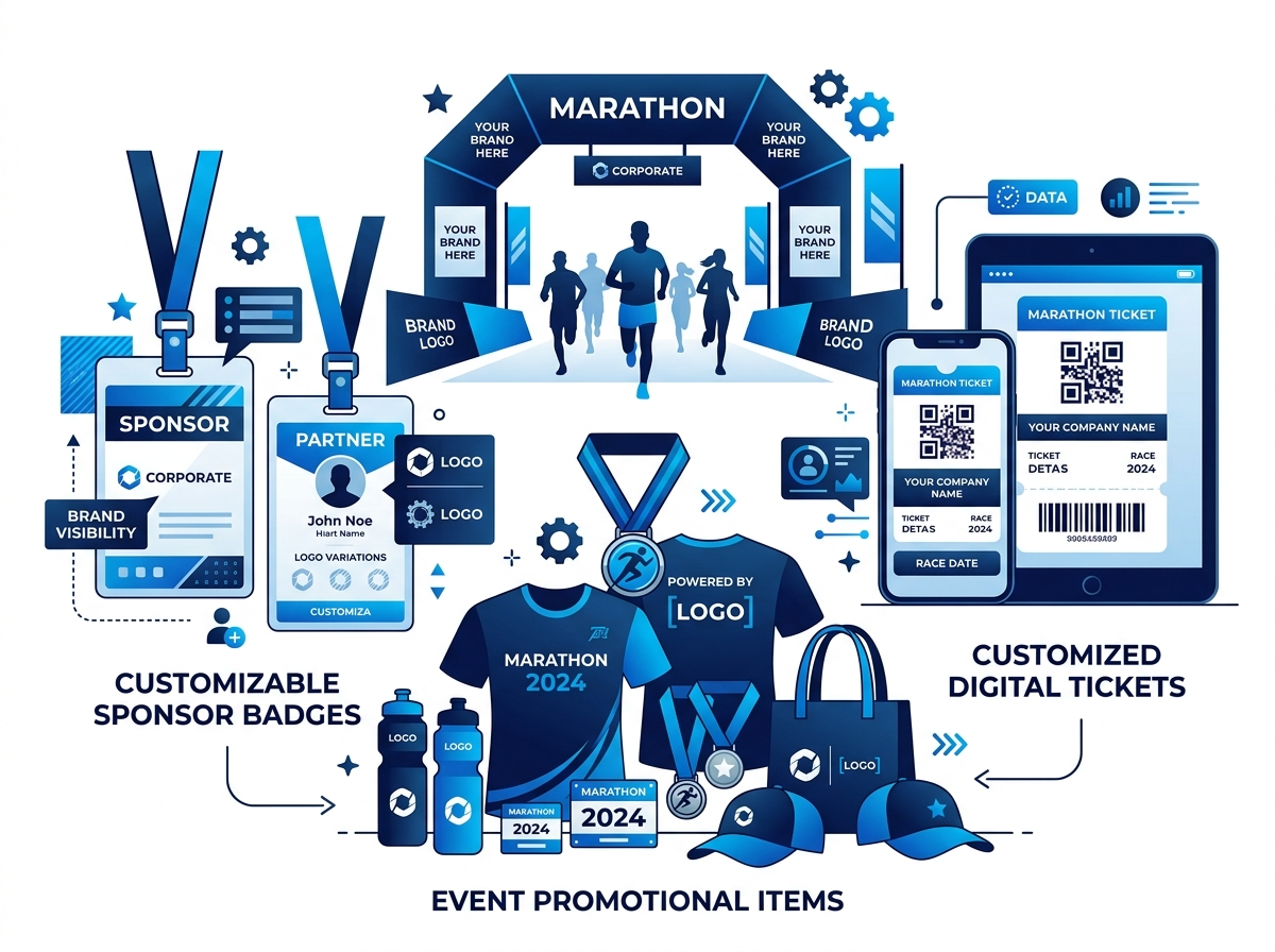 A clean, modern vector illustration showcasing brand visibility and sponsor touchpoints including customizable participant badges, digital event tickets, and promotional race materials. Utilizing dynamic digital branding guarantees corporate sponsors maximum, direct visibility throughout the charity run.