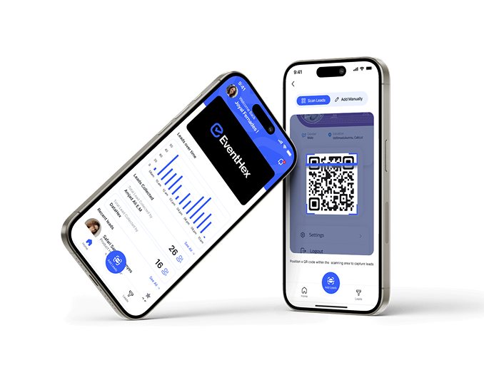 A clean and modern self-service exhibitor portal dashboard showing the intuitive booth setup wizard on an iPhone 15 Pro. This portal enables exhibitors to upload logos, enter booth details, and manage team members on their own without requiring direct organizer assistance.