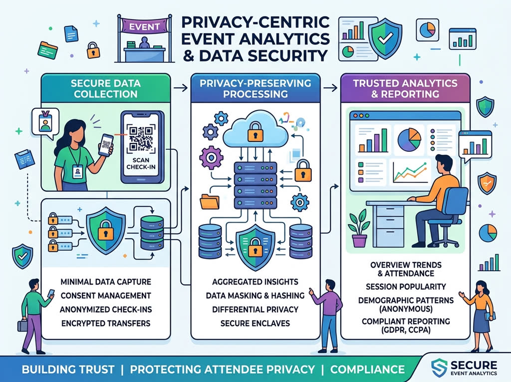 This modern conceptual illustration showcases a secure, decentralized framework for attendee analytics. It highlights how event planners can leverage privacy-by-design to visualize key metrics while respecting user consent and local regulations.