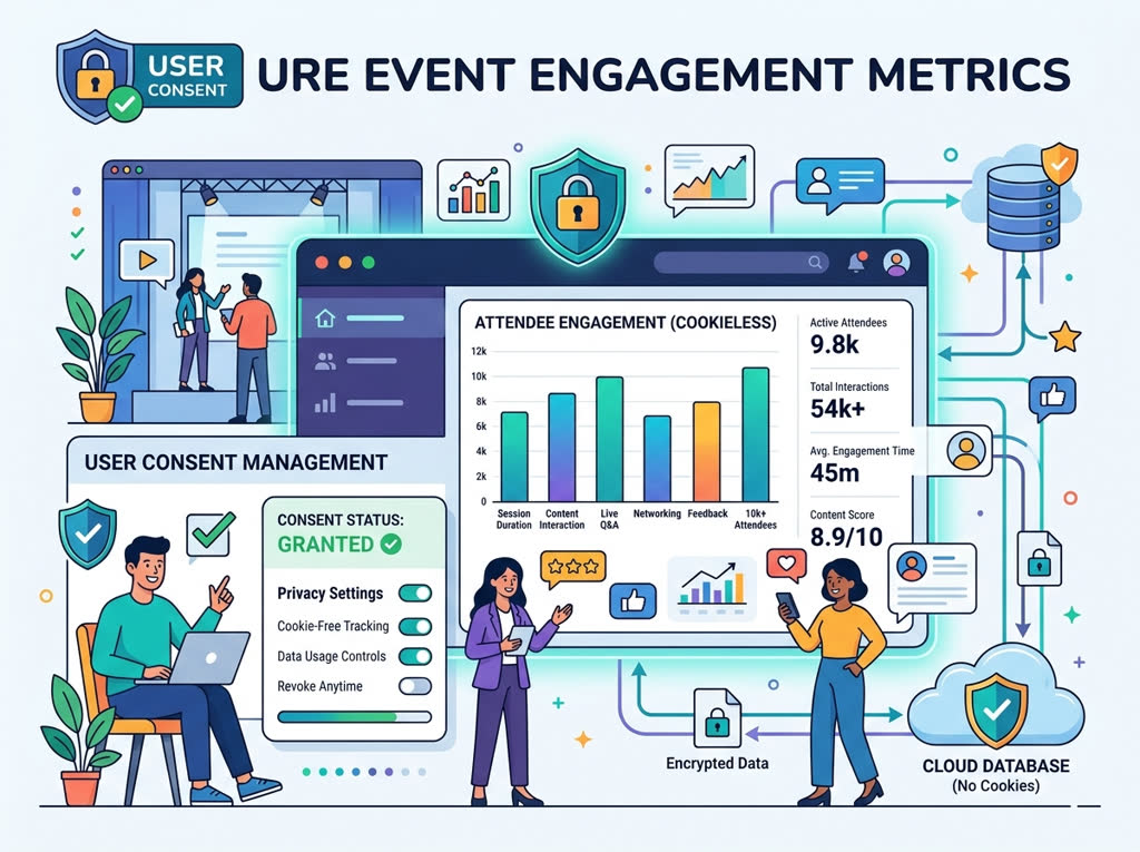 A flat vector diagram illustrating server-side cookieless engagement tracking. It visually details how user-consented analytics filter from registration forms into a secure, centralized dashboard, ensuring absolute data compliance and deep behavioral insights.