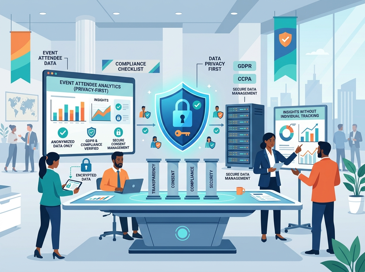 A modern flat vector illustration showcasing secure, privacy-first attendee analytics. The artwork visualizes a stylized event dashboard with data privacy locks and compliance badges, emphasizing secure, consent-driven data management.
