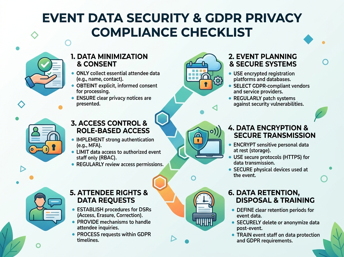 A modern flat vector illustration representing an event data privacy checklist and compliance guidelines. It depicts a structured checklist with completed checkmarks alongside shield icons and secure lock graphics, illustrating optimal data protection standards.
