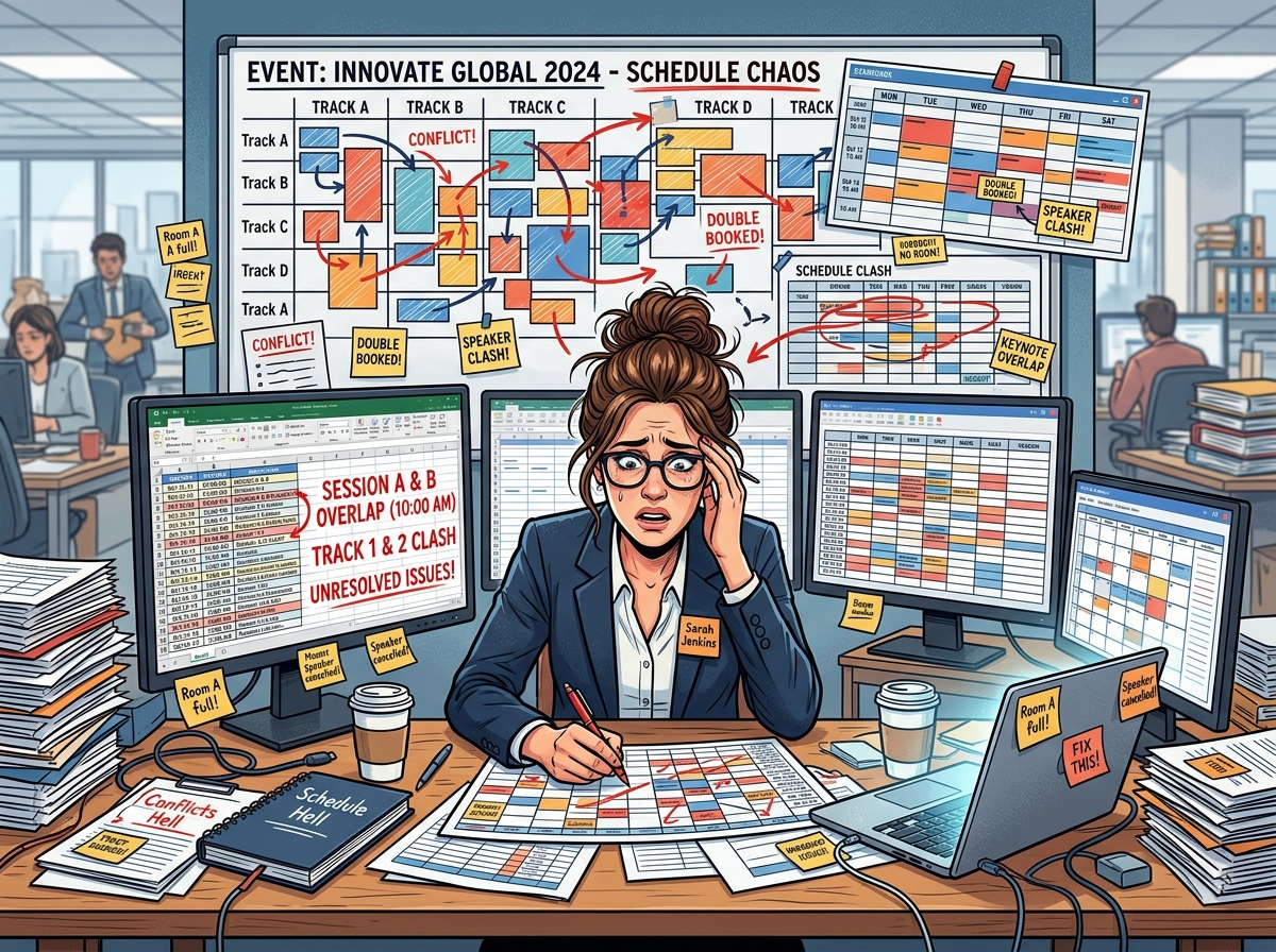 A highly descriptive corporate visual representing the chaotic landscape of traditional conference scheduling. It highlights overlapping spreadsheets, disjointed calendars, and the immense manual friction event organizers face when managing multi-track schedules without specialized software.