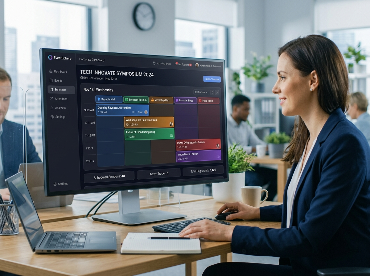 A clean, modern corporate dashboard illustrating professional multi-track session scheduling. The visual highlights a color-coded stage timeline, conflict detection, and an elegant visual representation of an organized event flow.