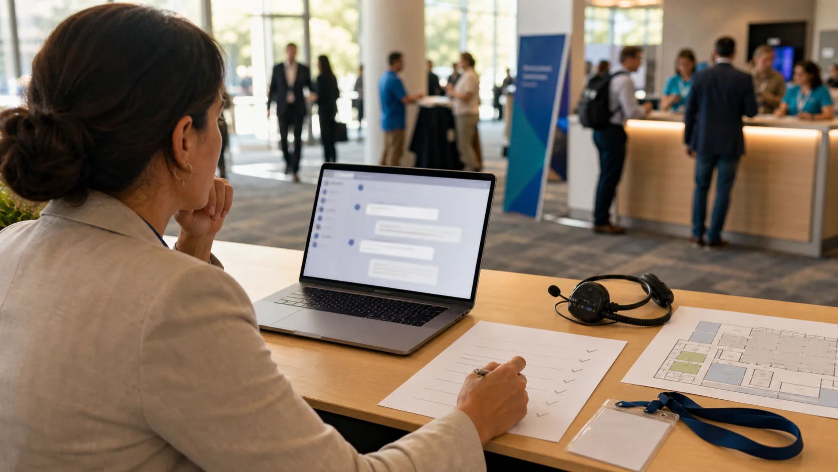 Event operations manager evaluating AI-connected event technology at a conference registration area