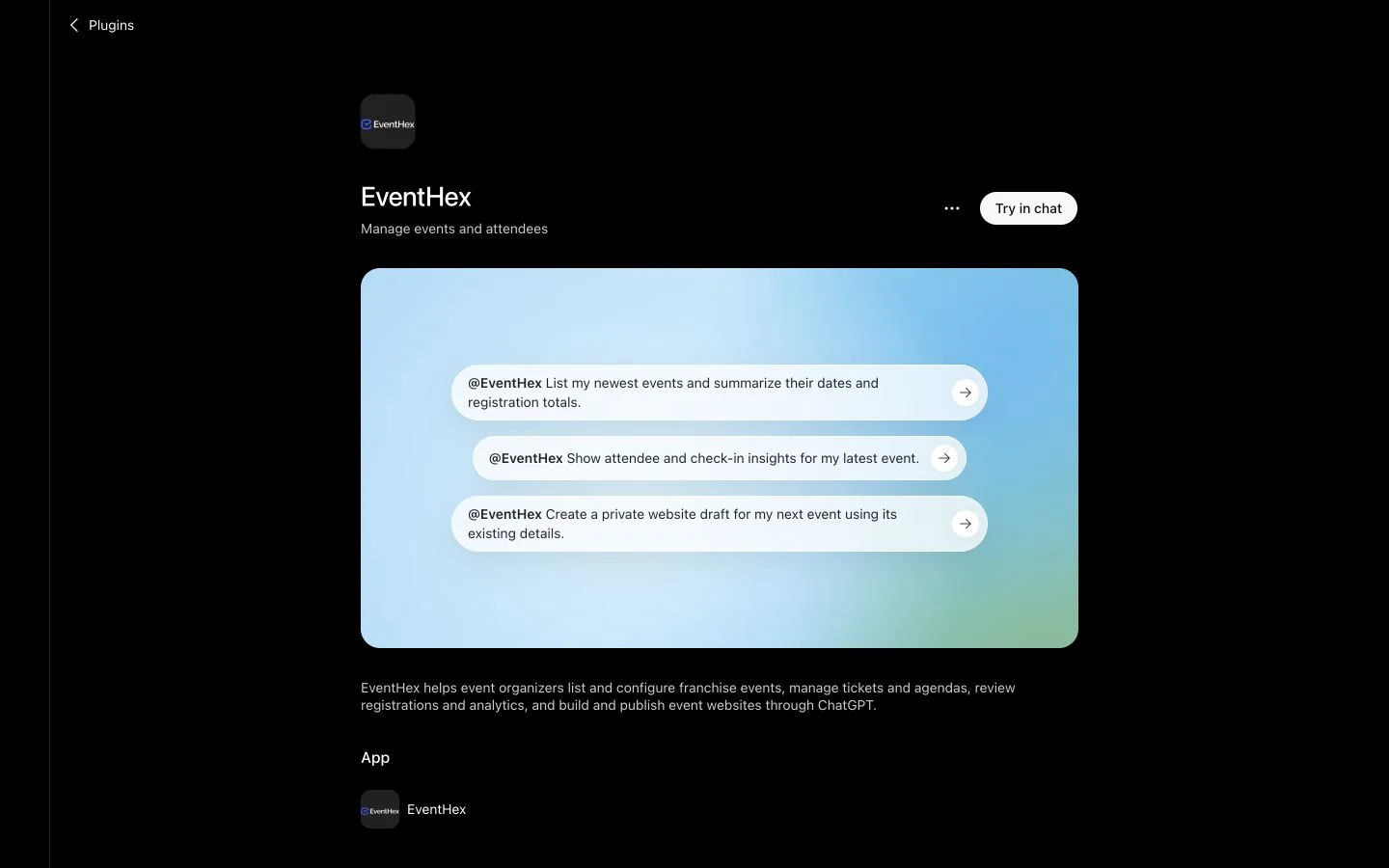 EventHex app page in ChatGPT with a Try in chat button and example prompts for events, attendee insights, and website drafts