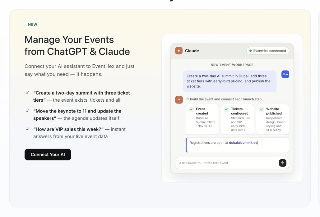 EventHex public feature page showing conversational event setup examples for ChatGPT and Claude