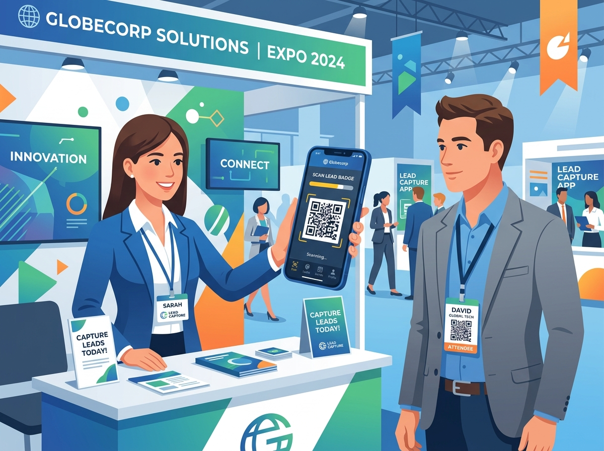 An elegant modern flat vector illustration showcasing a smart phone interface running an on-site QR lead capture and scanner tool. On-screen logs depict captured attendee registrations, lead details, and real-time synchronization with CRM platforms to optimize exhibitors' post-show conversion rates.