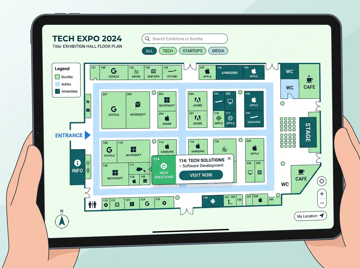 A highly detailed flat vector graphic illustrating an interactive digital exhibition floor plan map on a corporate tablet device. Organized rows of color-coded booths, main stages, entrance hallways, and premium allocations are visually integrated into a modern event mapping interface.