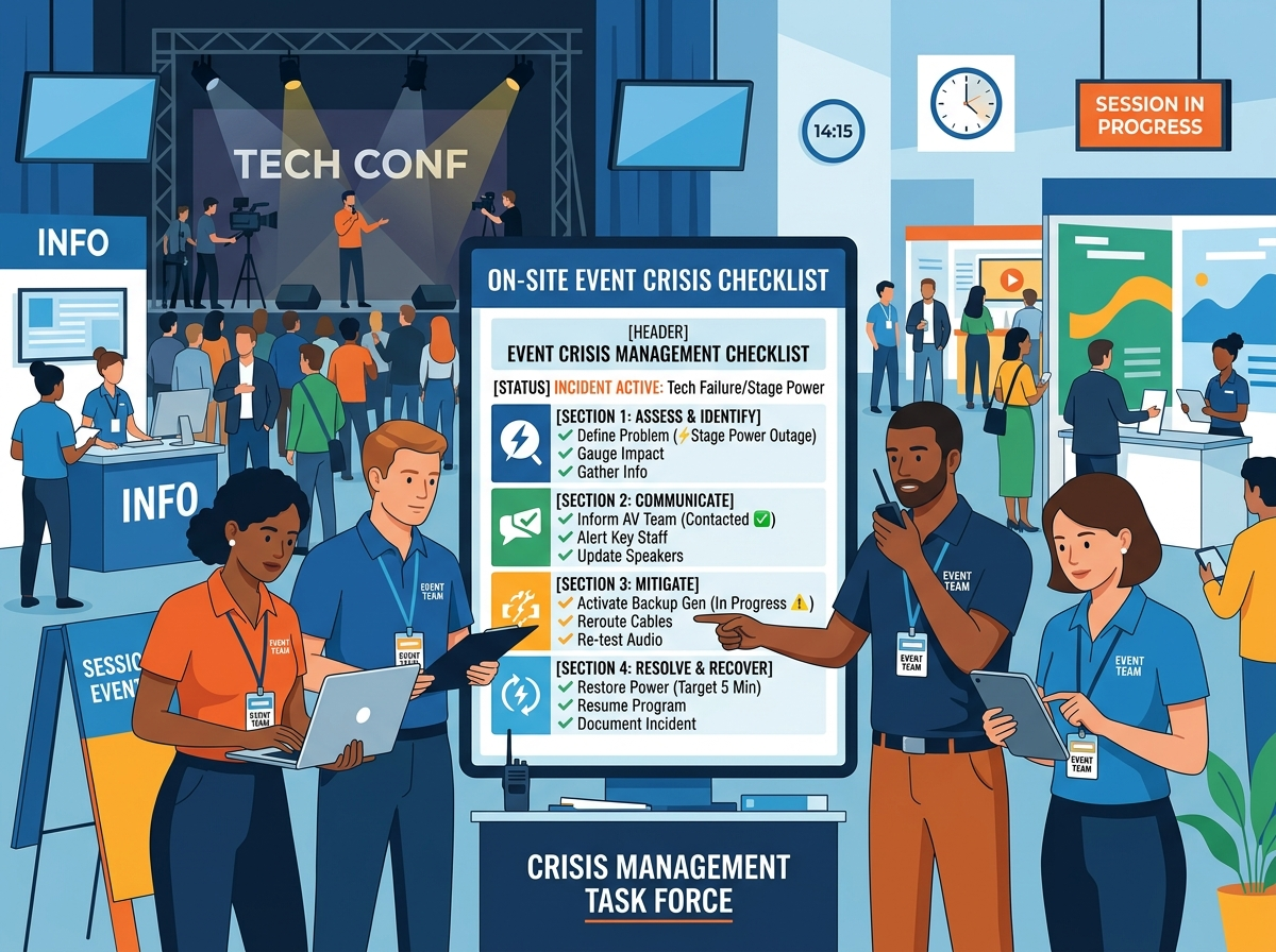 A clean and modern flat vector illustration demonstrating the concept of on-site event crisis management. The graphic showcases a structured emergency planning checklist alongside icons representing critical safety protocols for professional event planners.
