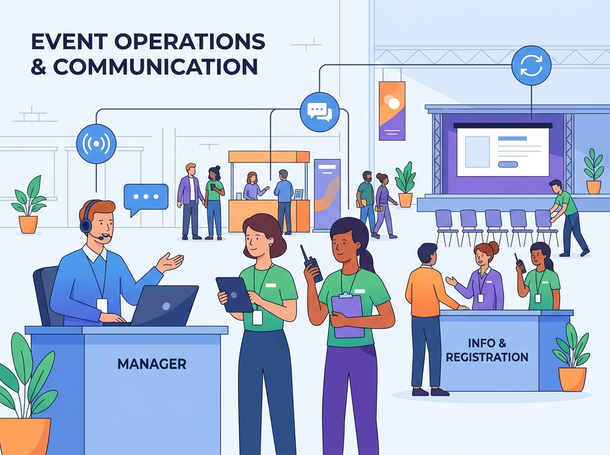 An illustrative flat vector design representing effective event staff communication and on-site event operations. The illustration highlights coordinated walkie-talkie communication, real-time command, and synchronized logistics management on-site.