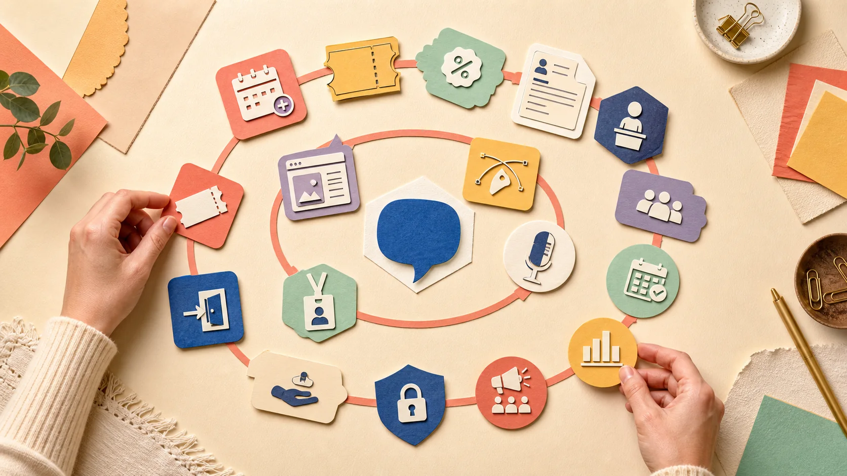 Two organizers arrange fifteen paper-cut event workflow symbols around a central conversation bubble