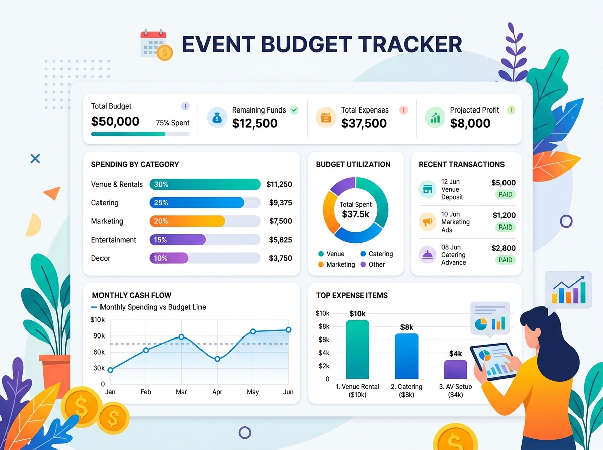 A beautiful flat vector illustration of event budget tracking dashboard with graphs and charts, modern design. This visual aid represents real-time financial tracking and variance analytics for corporate meetings.