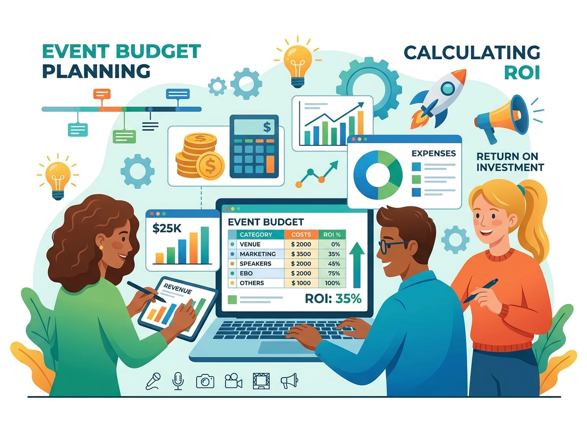 A gorgeous flat vector illustration of event budget planning, calculating ROI with spreadsheets on laptop. This visualization highlights the transition from manual, error-prone data entry to smart, integrated platforms.
