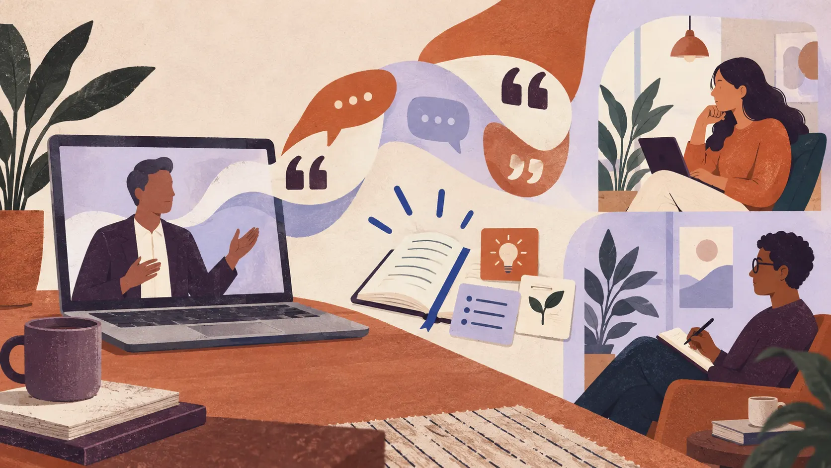 Editorial illustration of a virtual speaker, session notes, and remote attendees