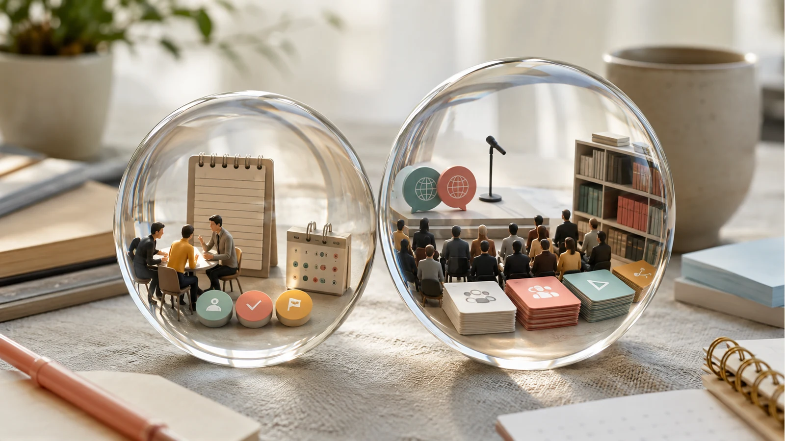 Two lenses contrast a small-team meeting record with a conference-wide session recap system