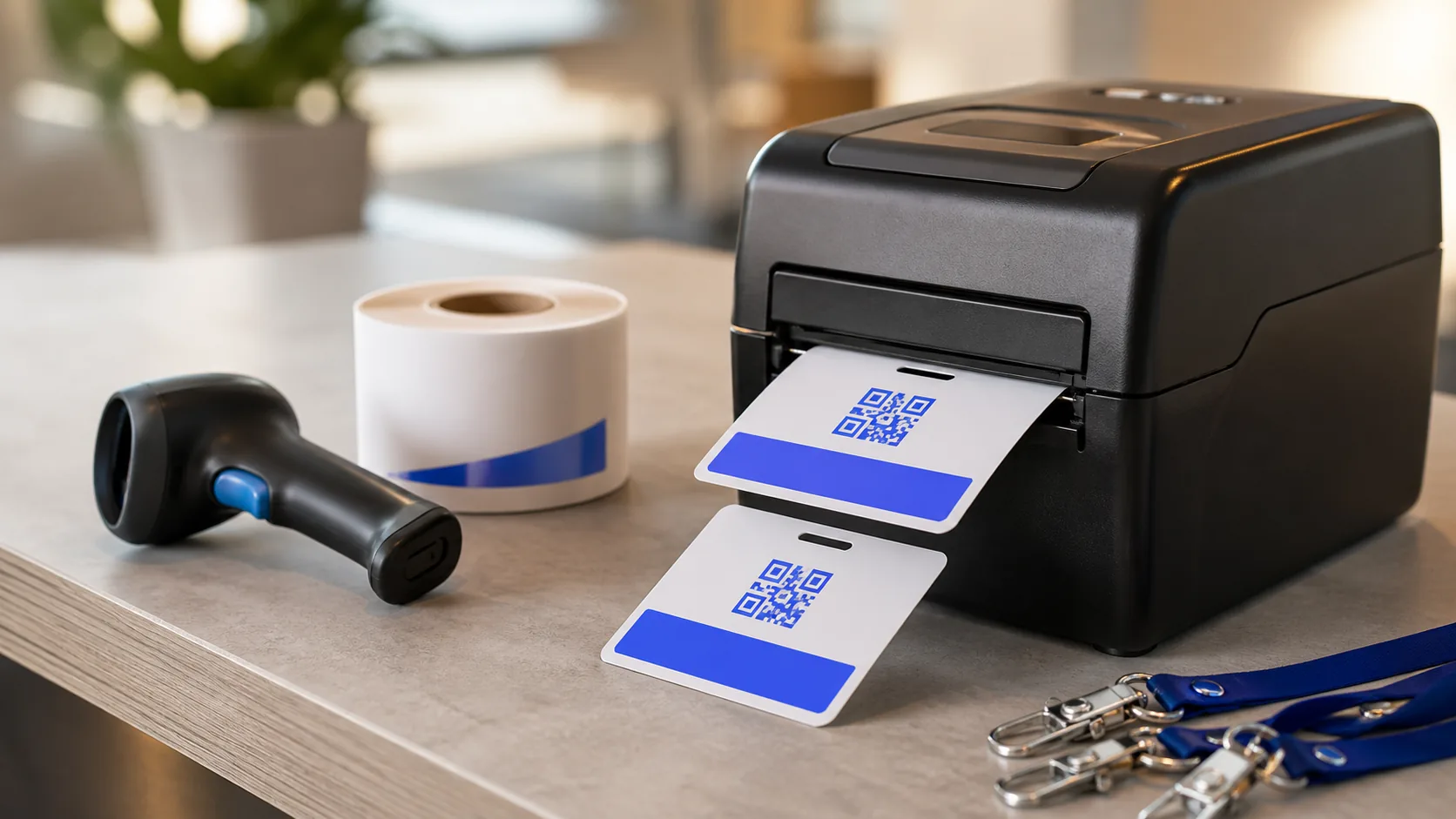 Direct thermal event badge printer producing QR-coded attendee badges beside a handheld scanner