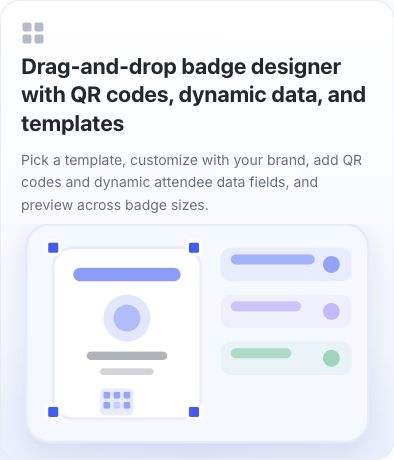 EventHex public badge-designer illustration showing a draggable badge canvas with QR code and dynamic data controls